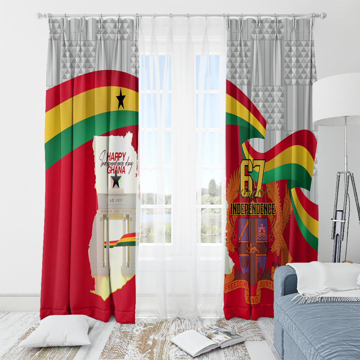 Ghana Independence Day window curtain set with red flag map panels and Independence Day artwork
