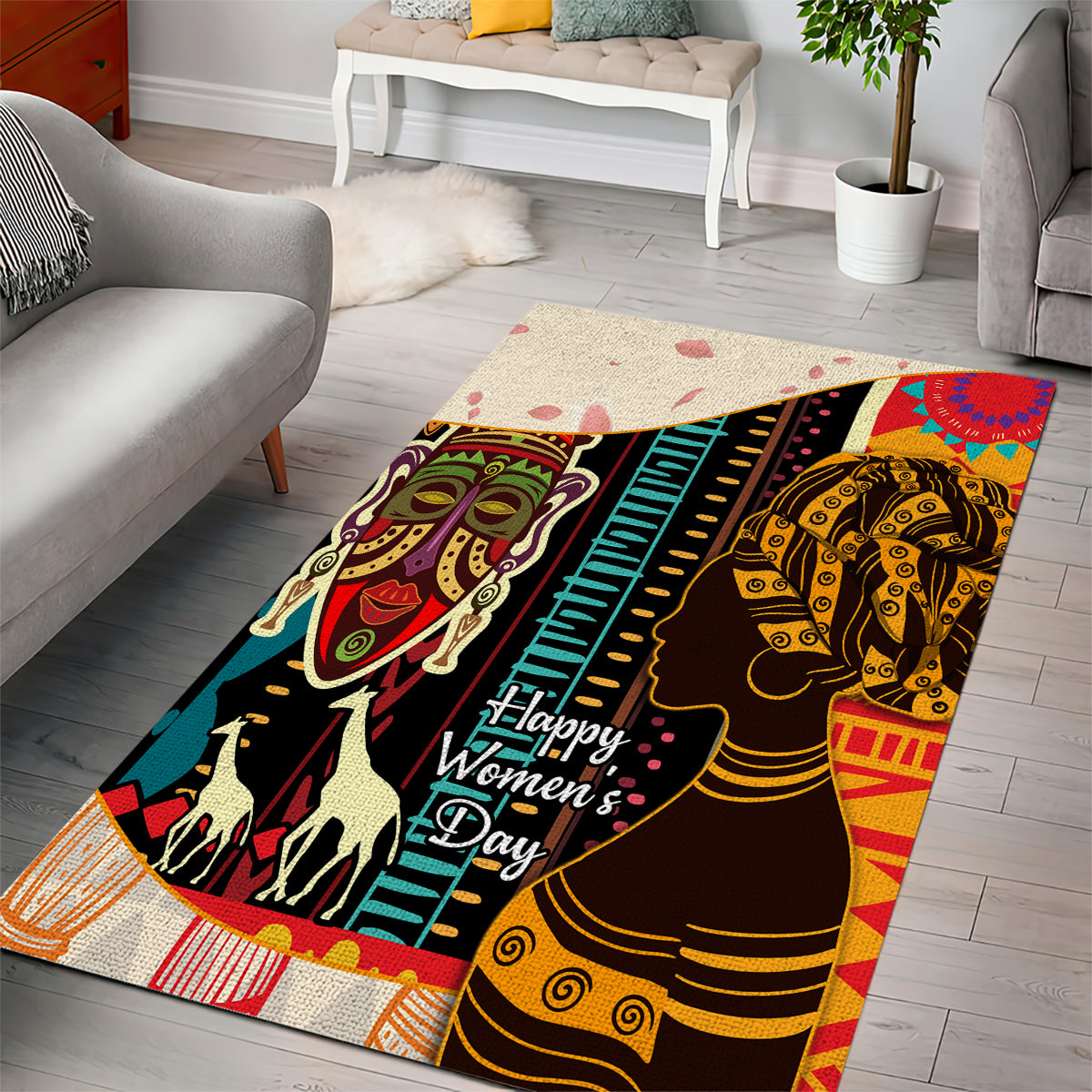 Rectangular women’s day African pattern area rug, black/teal/red/gold figures