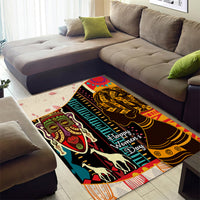 Rectangular area rug with Happy Women’s Day text and black, gold, teal portrait figures