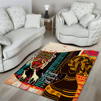 African pattern area rug with Happy Women’s Day text, red teal border, black and gold figures
