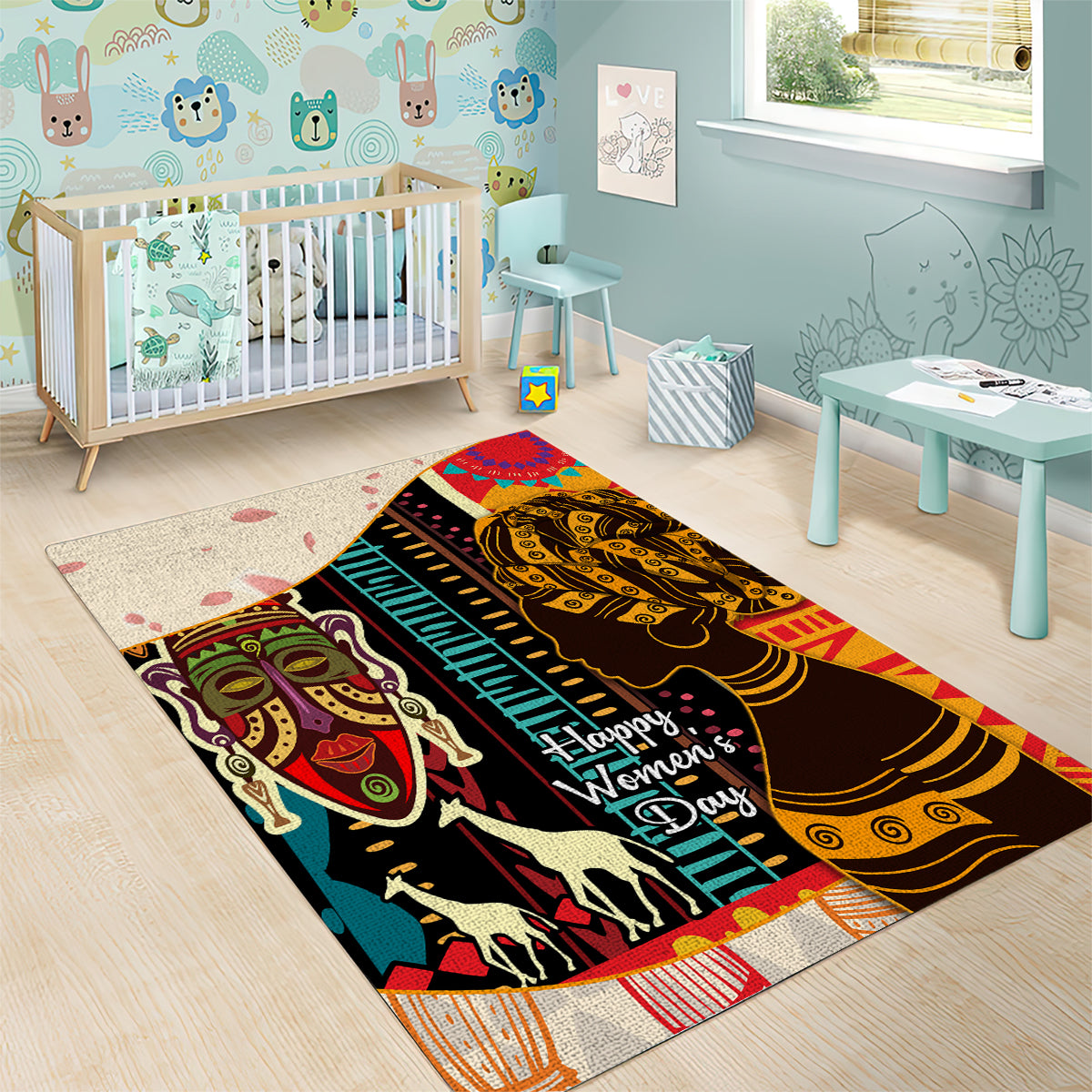 Rectangular African pattern area rug with black and gold profiles, teal and red accents