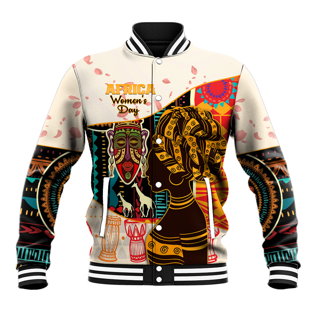 White baseball jacket with striped ribbed collar and bold African graphic front