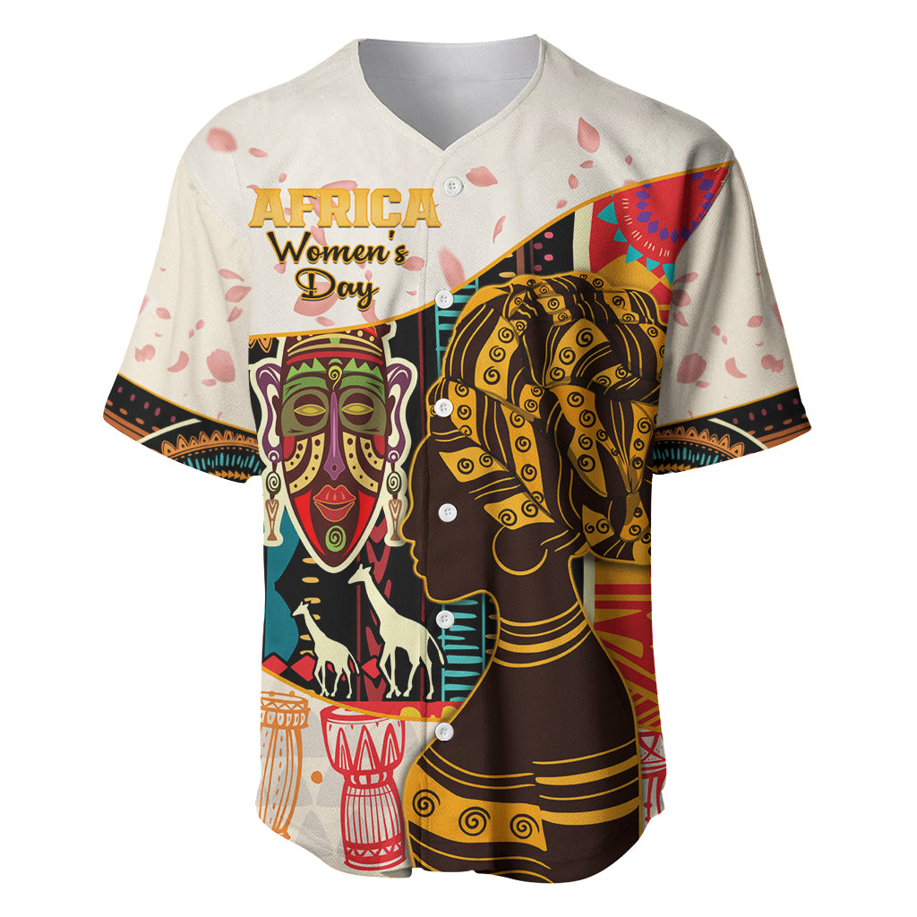 Women’s white baseball jersey with V-neck and colorful African portrait, mask, and drum graphics
