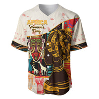 Women’s white baseball jersey with V-neck and colorful African portrait, mask, and drum graphics