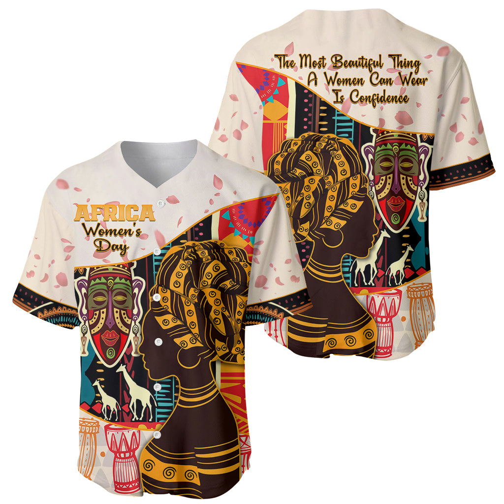 Women’s white baseball jersey showing front and back with African portrait, mask, and drum graphics