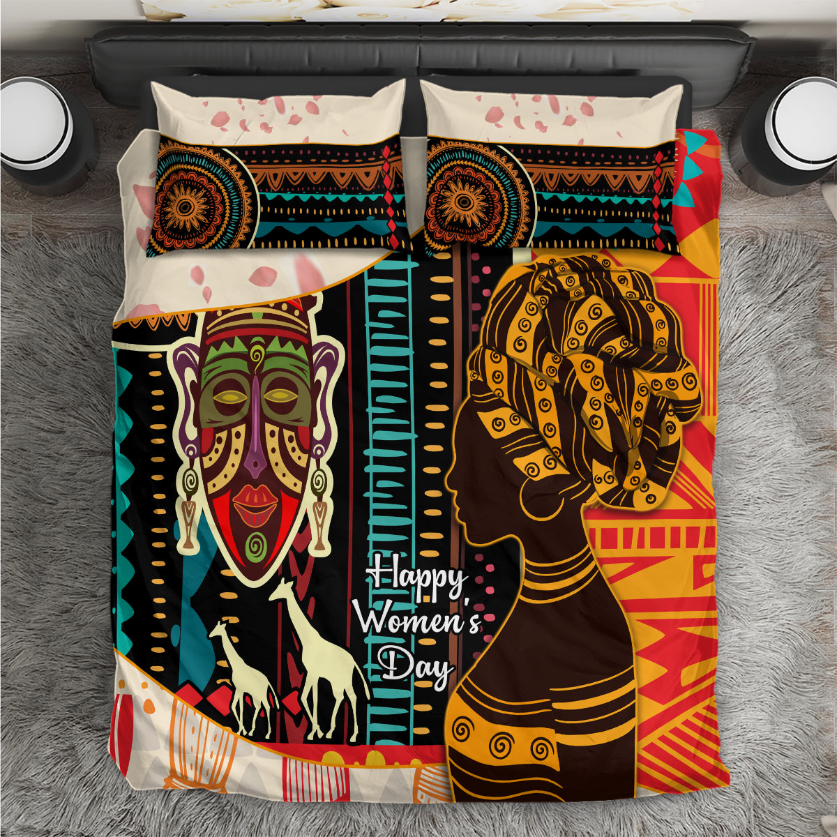 African Women Day bedding set with colorful tribal face and elephant pattern panels