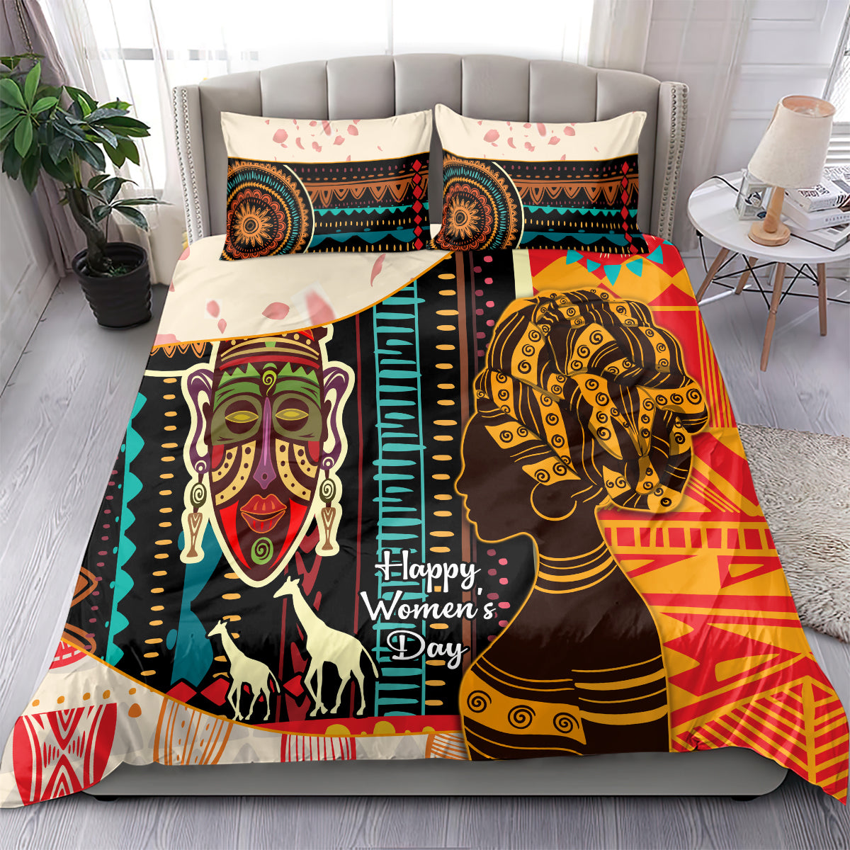 African Women Day duvet and pillowcases with two face portraits and bold stripes