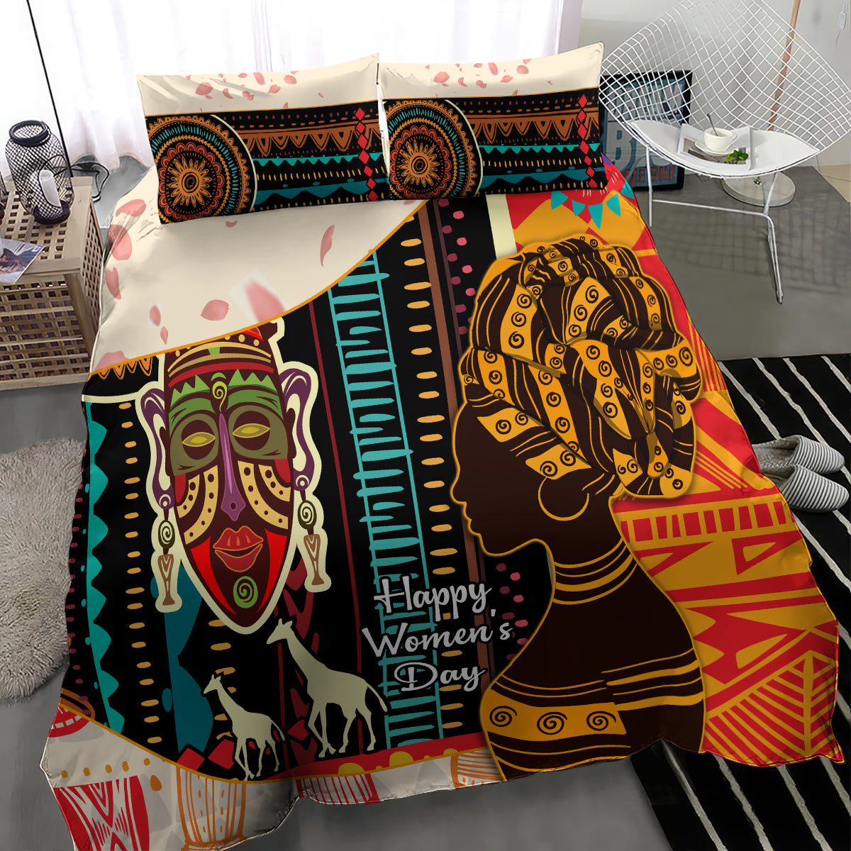 African Women Day bedding set showing tribal face artwork on duvet with matching pillows