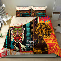 African Women Day duvet set with woman portrait print, decorative border, and two pillows