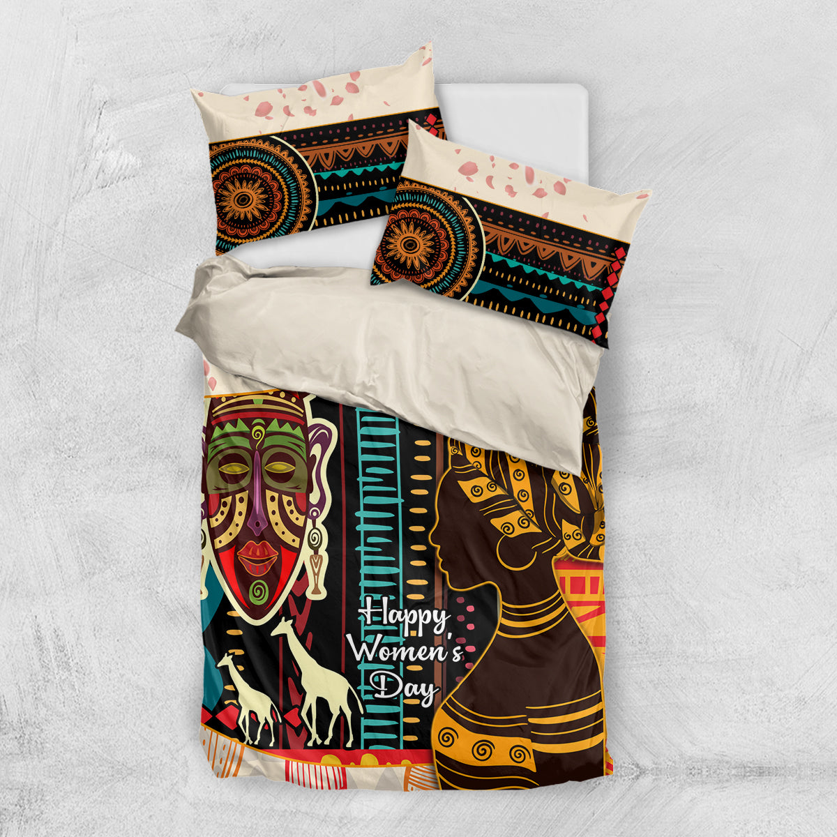African Women Day bedding set flat lay with tribal face duvet and coordinated pillowcases