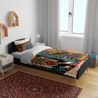 African Women Day bedding set on bed with colorful tribal face duvet and pillows
