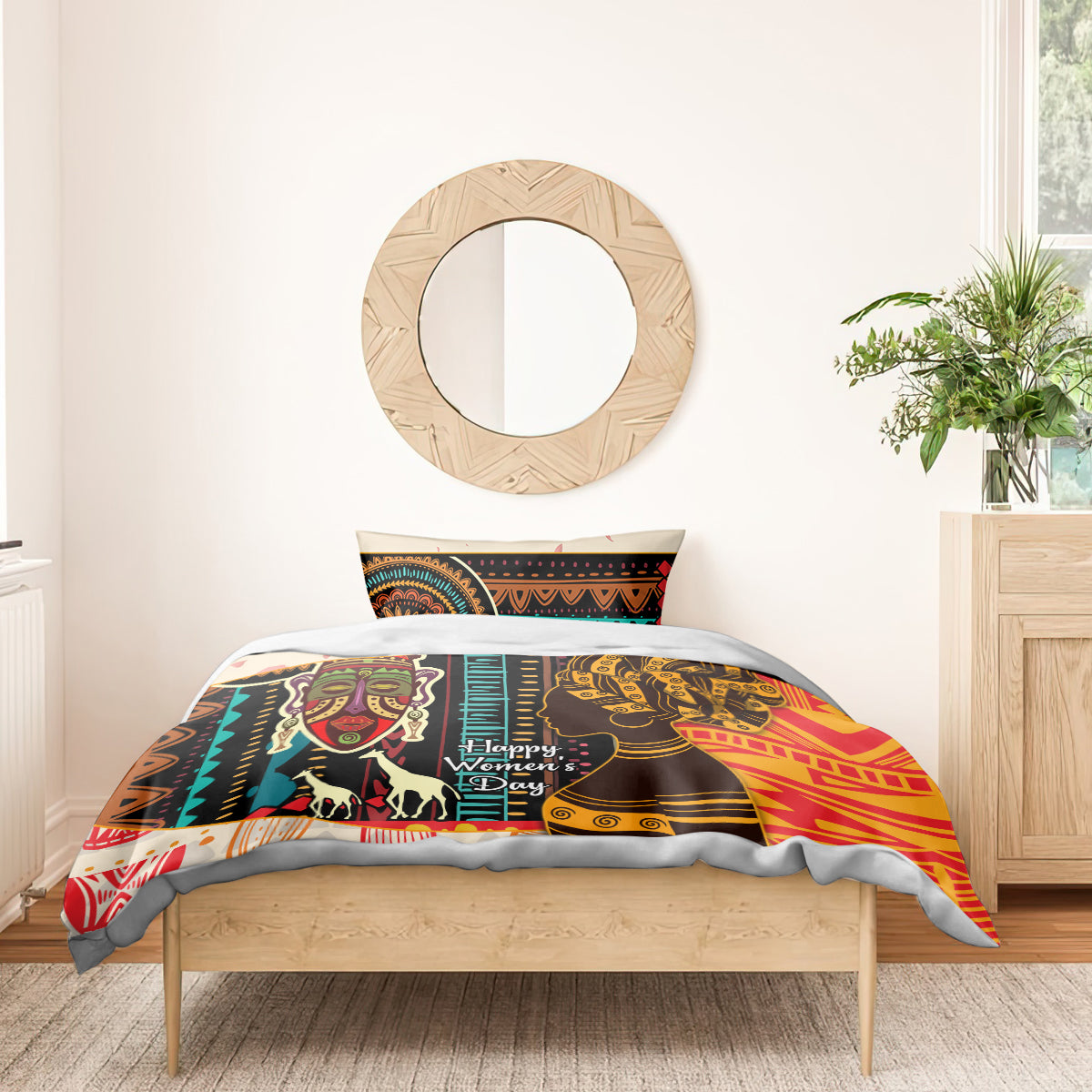 African Women Day bedding set on wooden bed with tribal face duvet and matching pillowcase