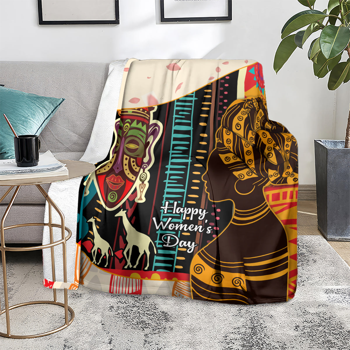 Women’s Day Africa throw blanket on floor with illustrated women portraits and bright stripes