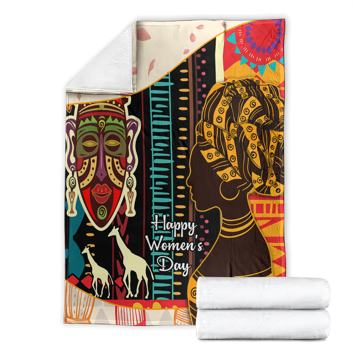 Africa pattern throw blanket with “Happy Women’s Day” text and women portrait artwork