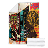 Africa pattern throw blanket with “Happy Women’s Day” text and women portrait artwork