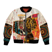 White bomber jacket with African pattern, zip front, ribbed cuffs and hem