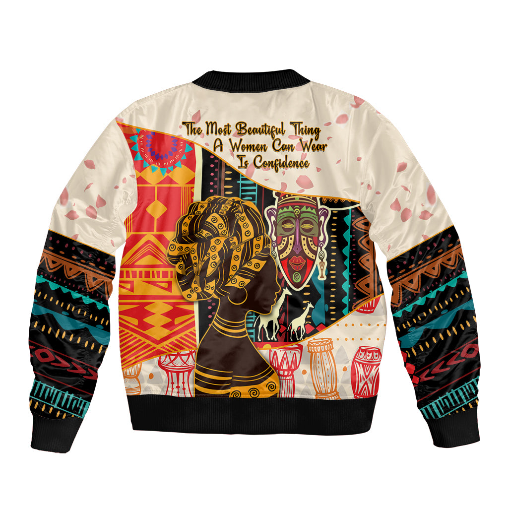 White bomber jacket with African portrait graphic on back, ribbed cuffs and hem