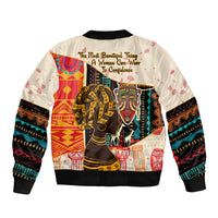 White bomber jacket with African portrait graphic on back, ribbed cuffs and hem