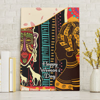 Africa-themed canvas wall art leaning against a wall, showing mask face, queen profile, and “Happy Women’s Day”