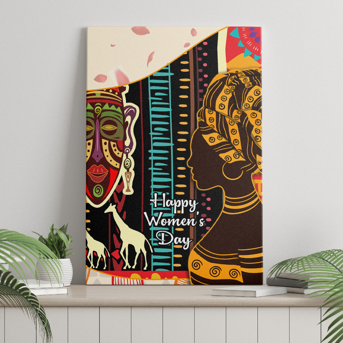 Africa-themed canvas wall art with queen and mask faces, camel figures, and “Happy Women’s Day” text