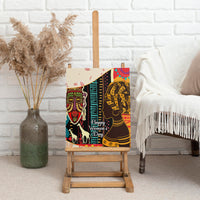 Africa-themed canvas wall art on easel, featuring mask face, queen profile, camel figures, and “Happy Women’s Day”