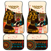 Four African-pattern car mats in rectangular shape with women, drums, and animal graphics