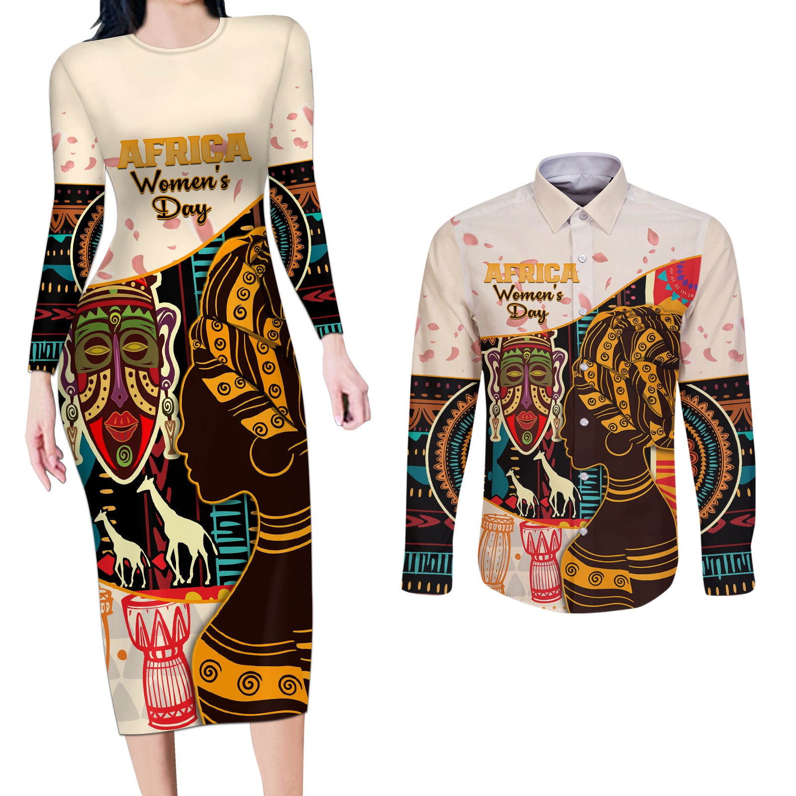 Africa International Women Day Couples Matching Long Sleeve Bodycon Dress and Long Sleeve Button Shirt African Pattern