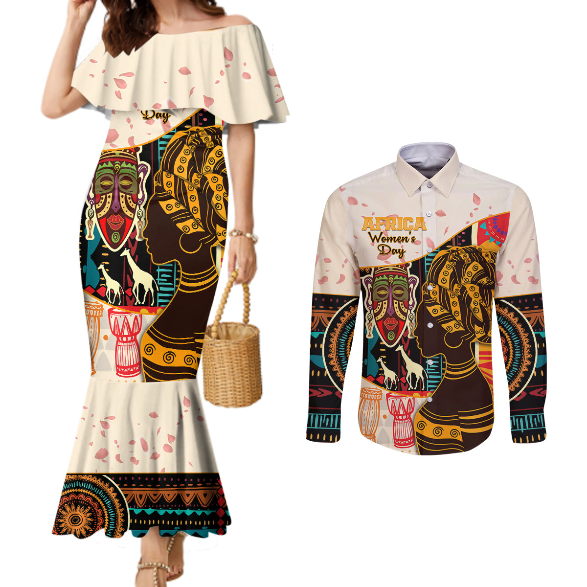 Africa International Women Day Couples Matching Mermaid Dress and Long Sleeve Button Shirt African Pattern