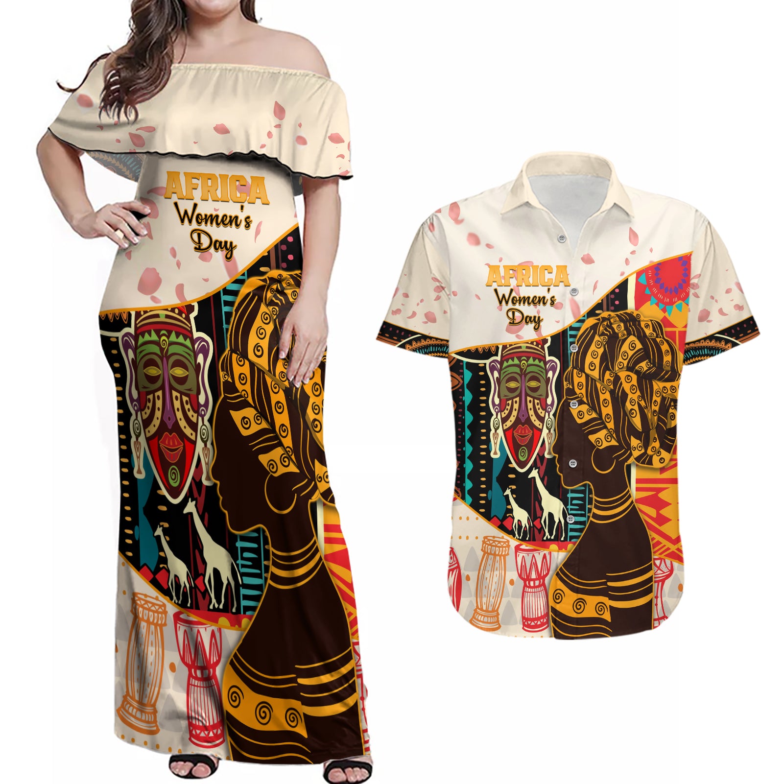 Africa International Women Day Couples Matching Off Shoulder Maxi Dress and Hawaiian Shirt African Pattern