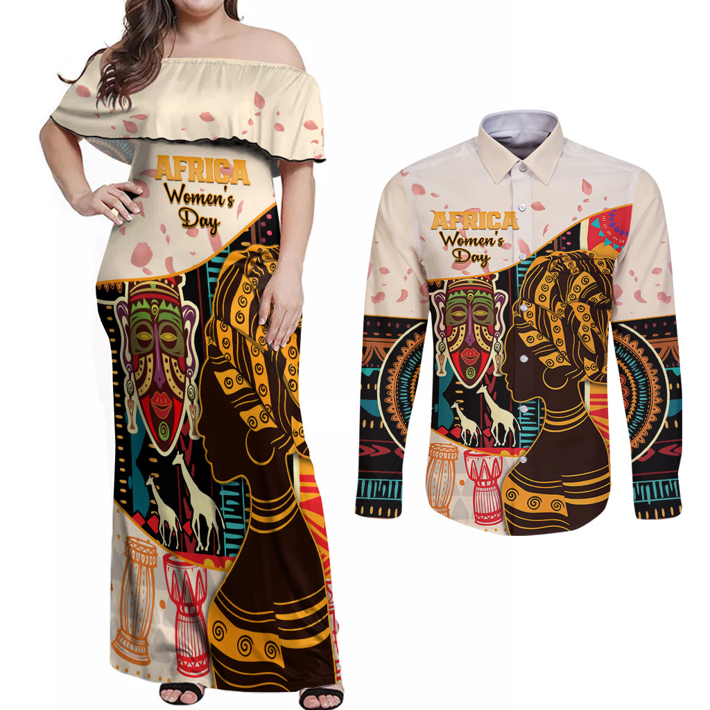 Africa International Women Day Couples Matching Off Shoulder Maxi Dress and Long Sleeve Button Shirt African Pattern