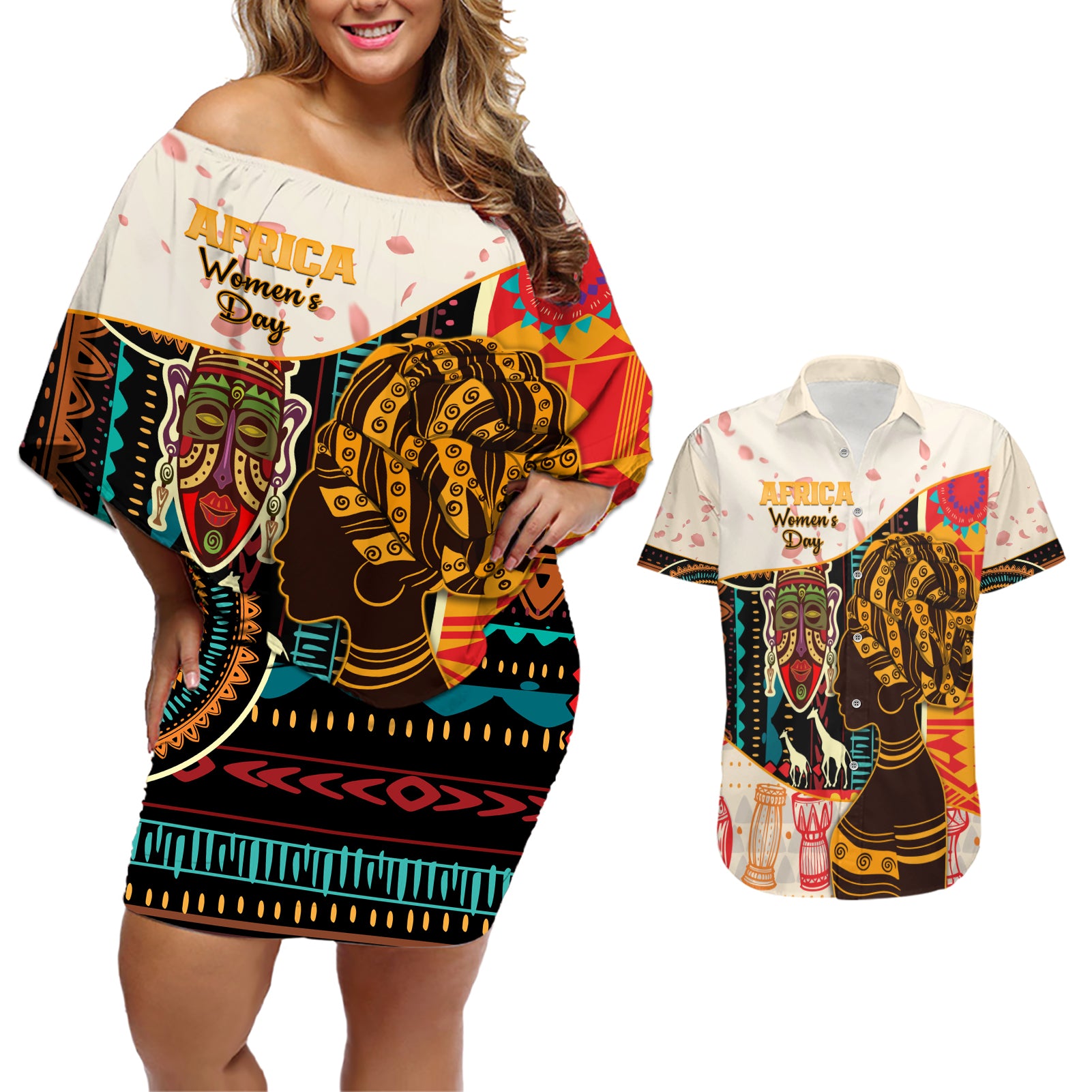 Africa International Women Day Couples Matching Off Shoulder Short Dress and Hawaiian Shirt African Pattern