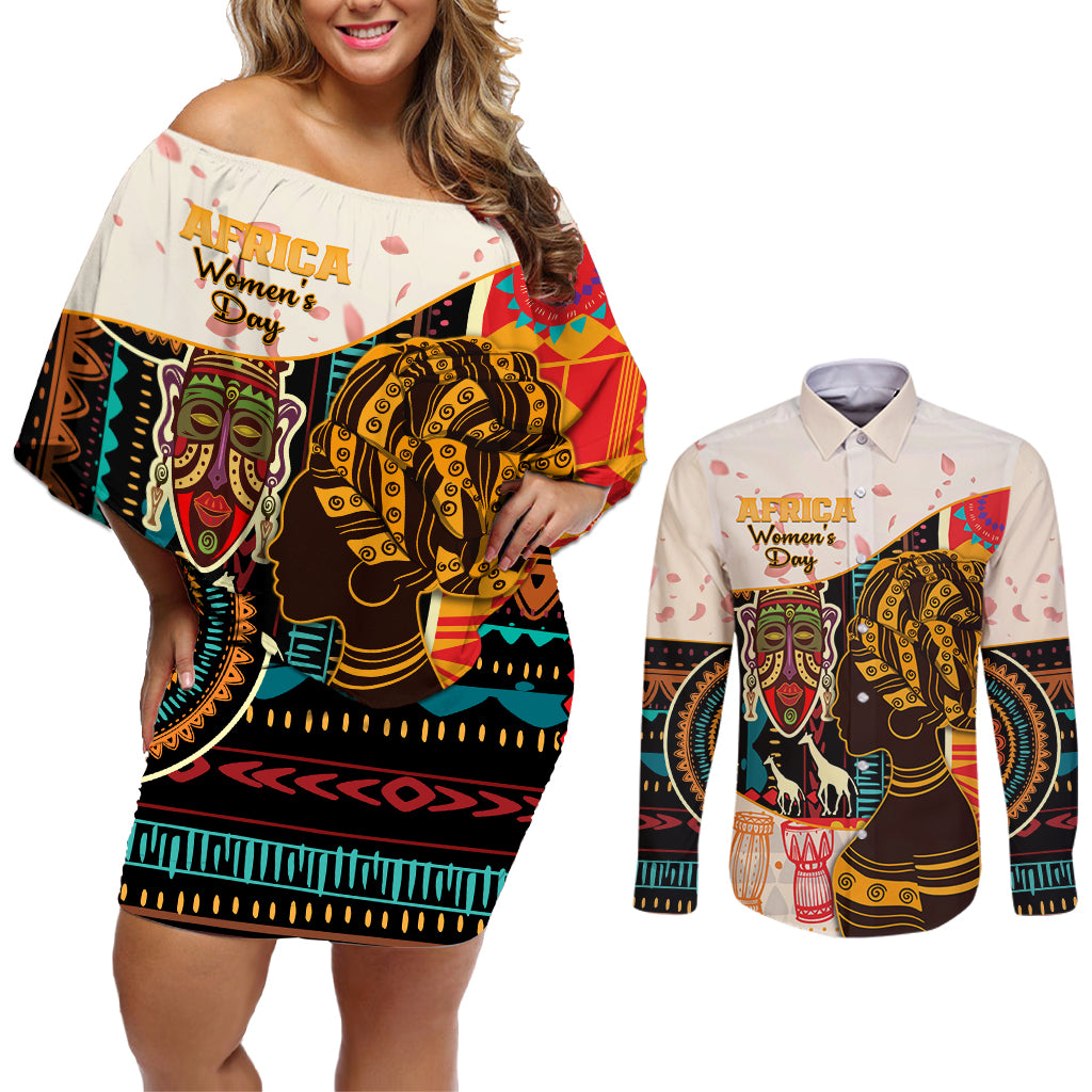 Africa International Women Day Couples Matching Off Shoulder Short Dress and Long Sleeve Button Shirt African Pattern