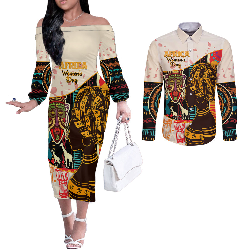 Africa International Women Day Couples Matching Off The Shoulder Long Sleeve Dress and Long Sleeve Button Shirt African Pattern