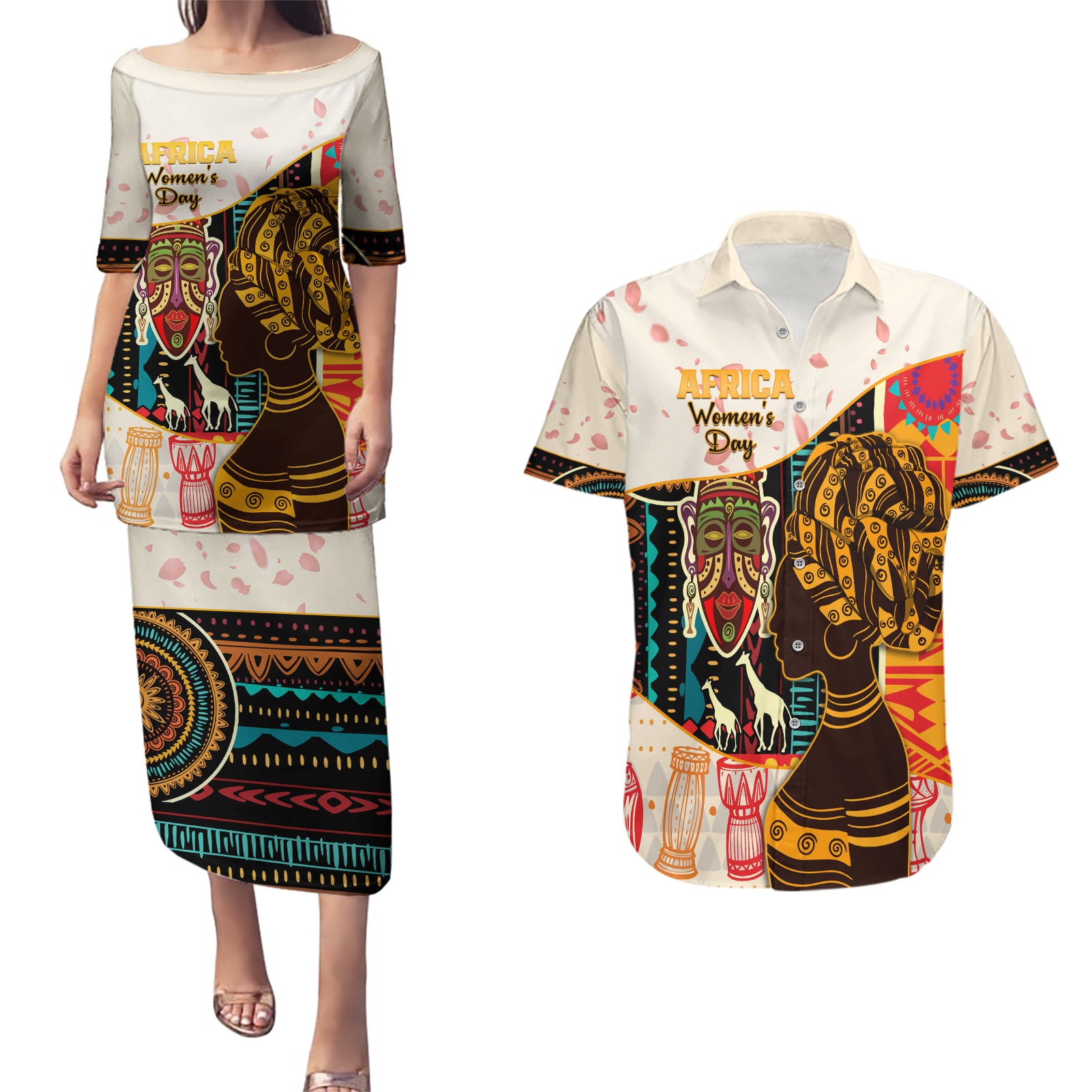 Africa International Women Day Couples Matching Puletasi and Hawaiian Shirt African Pattern