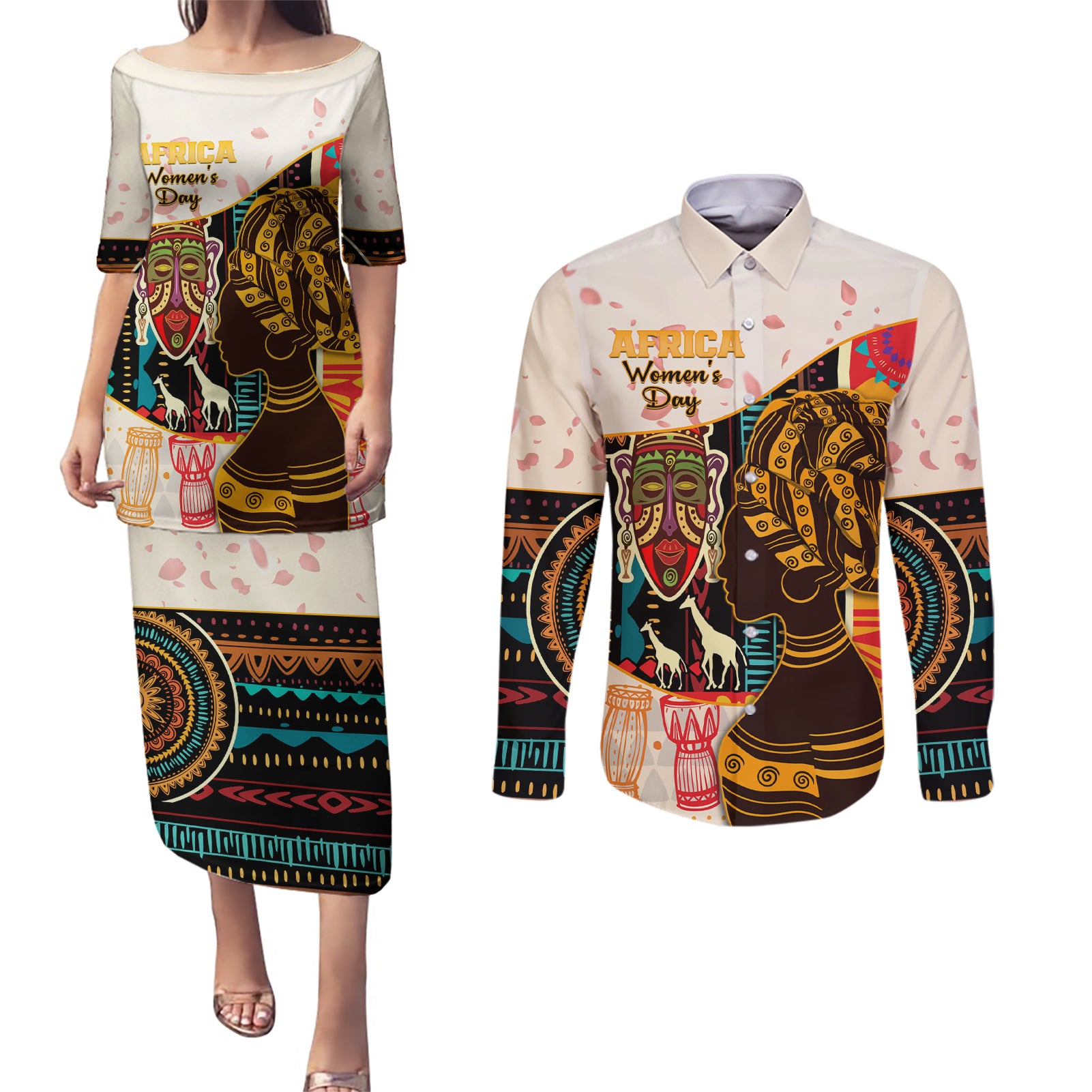 Africa International Women Day Couples Matching Puletasi and Long Sleeve Button Shirt African Pattern