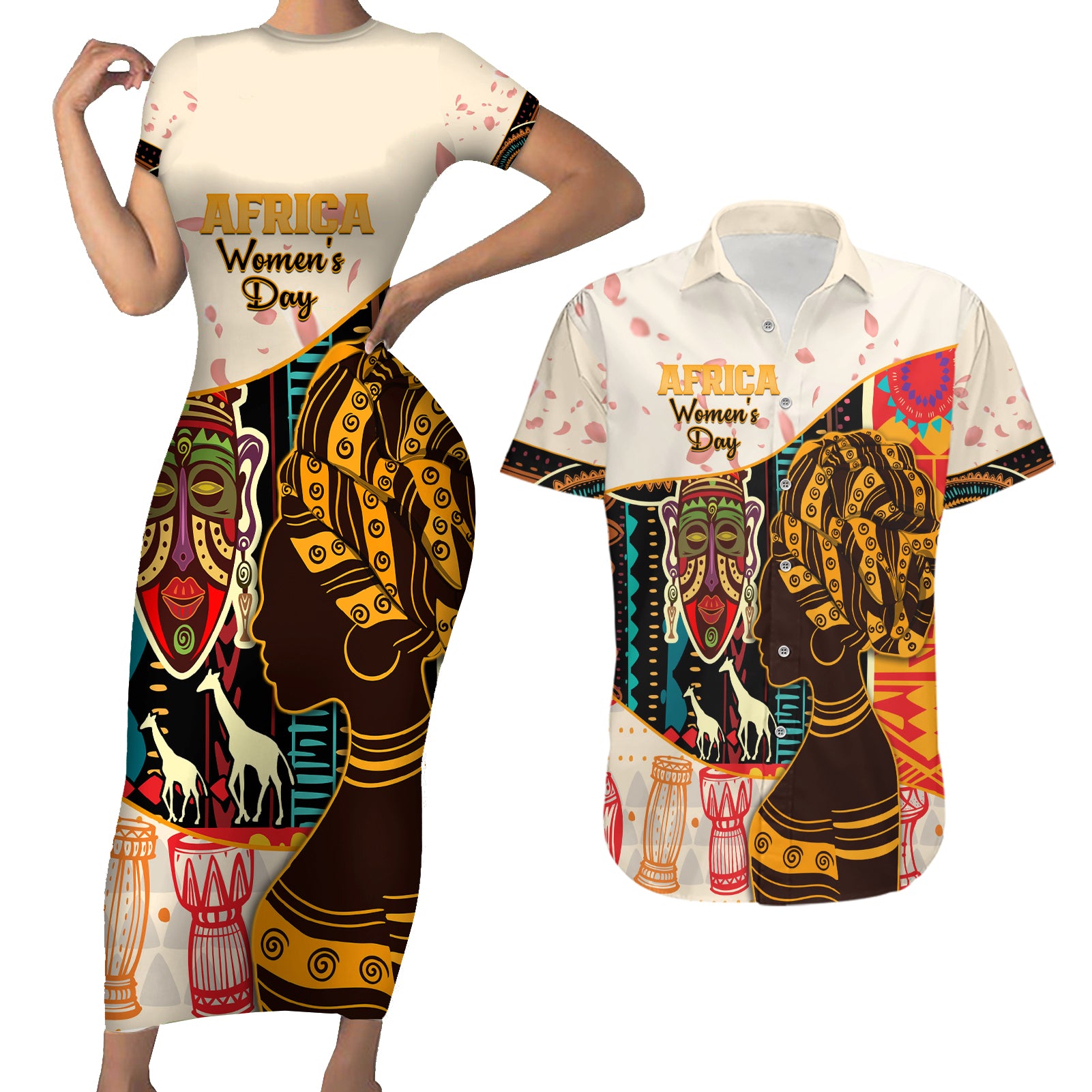 Africa International Women Day Couples Matching Short Sleeve Bodycon Dress and Hawaiian Shirt African Pattern