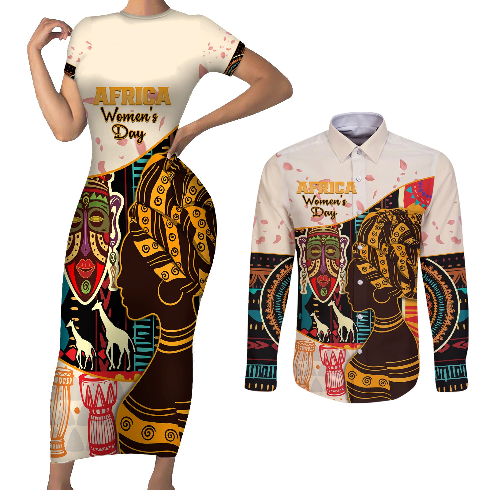 Africa International Women Day Couples Matching Short Sleeve Bodycon Dress and Long Sleeve Button Shirt African Pattern