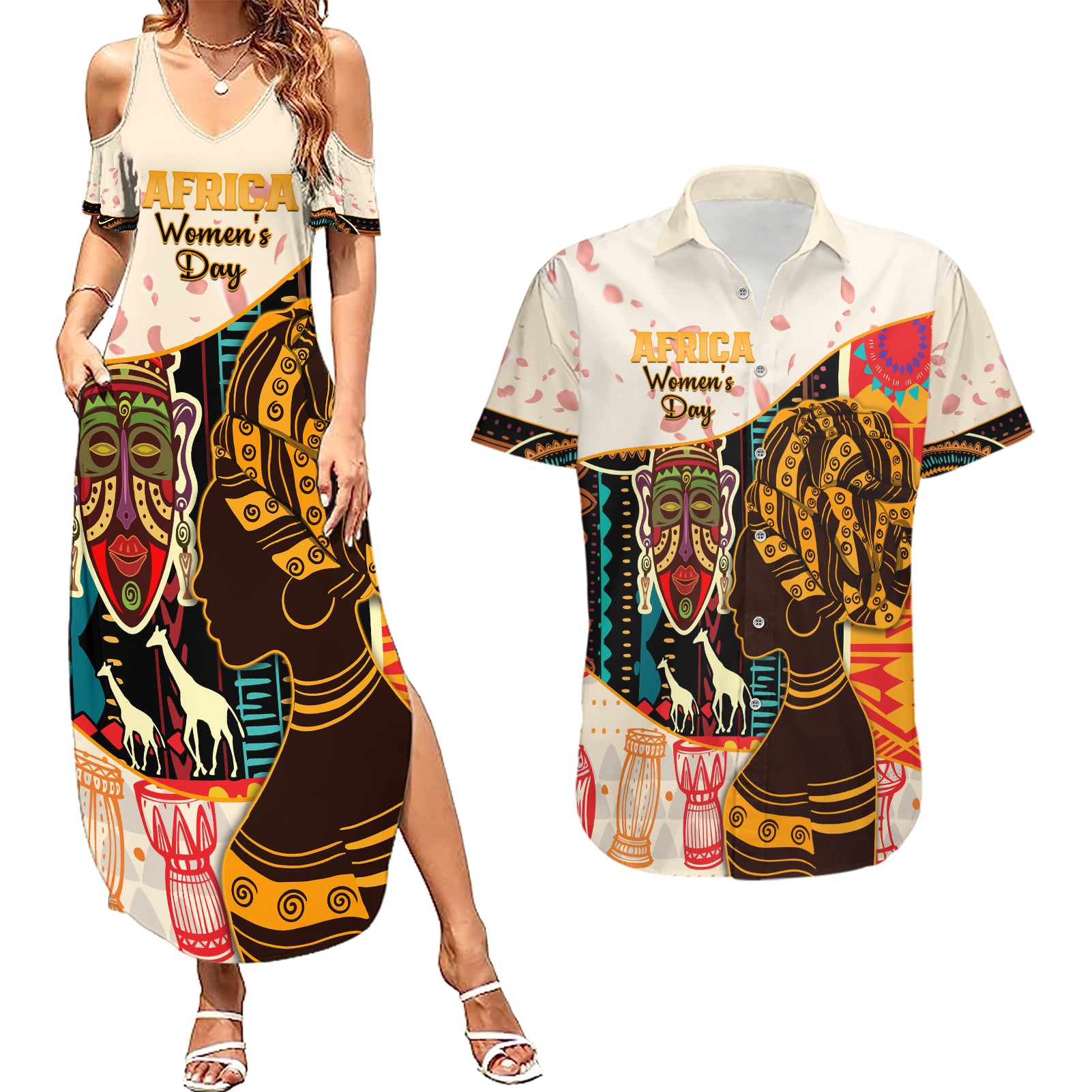 Africa International Women Day Couples Matching Summer Maxi Dress and Hawaiian Shirt African Pattern