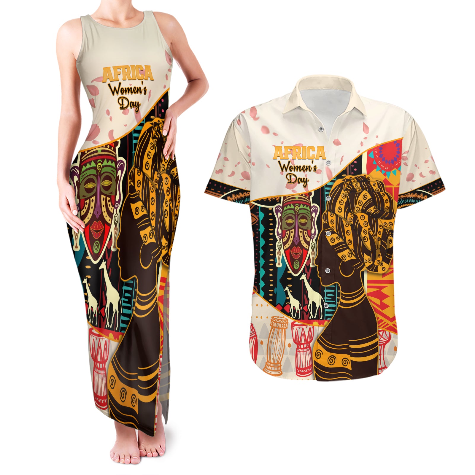 Africa International Women Day Couples Matching Tank Maxi Dress and Hawaiian Shirt African Pattern