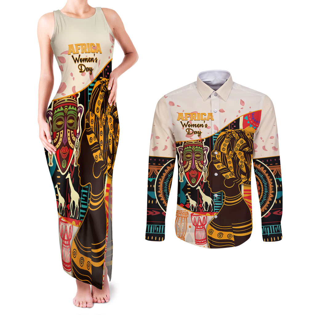 Africa International Women Day Couples Matching Tank Maxi Dress and Long Sleeve Button Shirt African Pattern