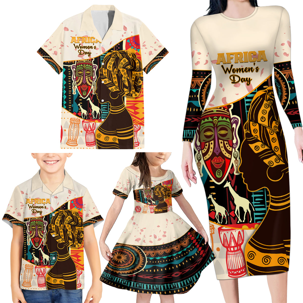 Africa International Women Day Family Matching Long Sleeve Bodycon Dress and Hawaiian Shirt African Pattern