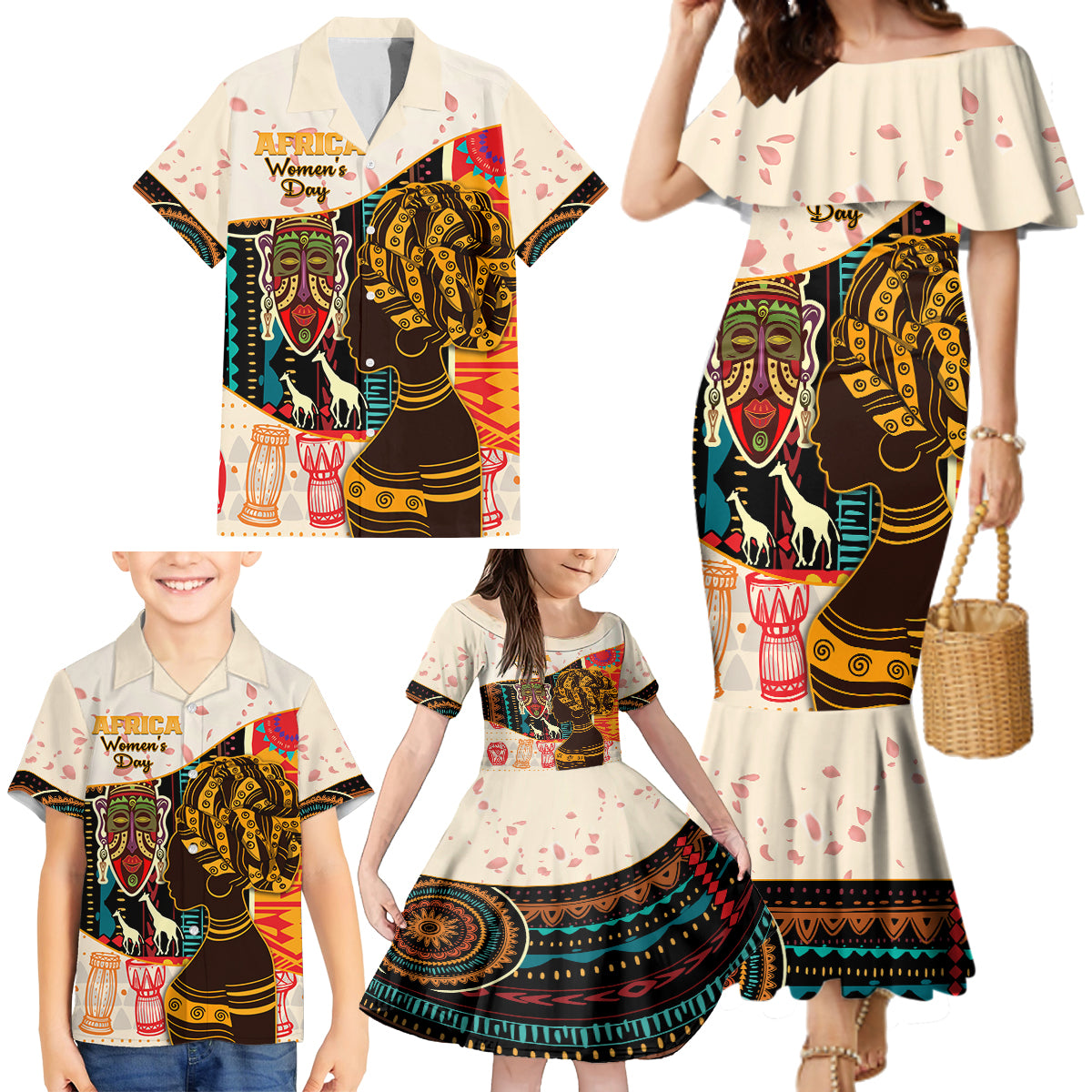 Africa International Women Day Family Matching Mermaid Dress and Hawaiian Shirt African Pattern