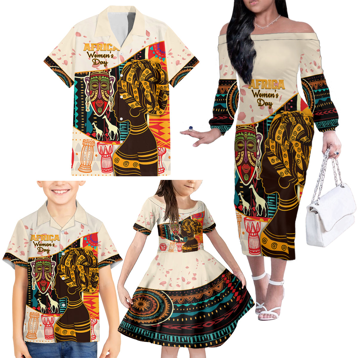 Africa International Women Day Family Matching Off Shoulder Long Sleeve Dress and Hawaiian Shirt African Pattern