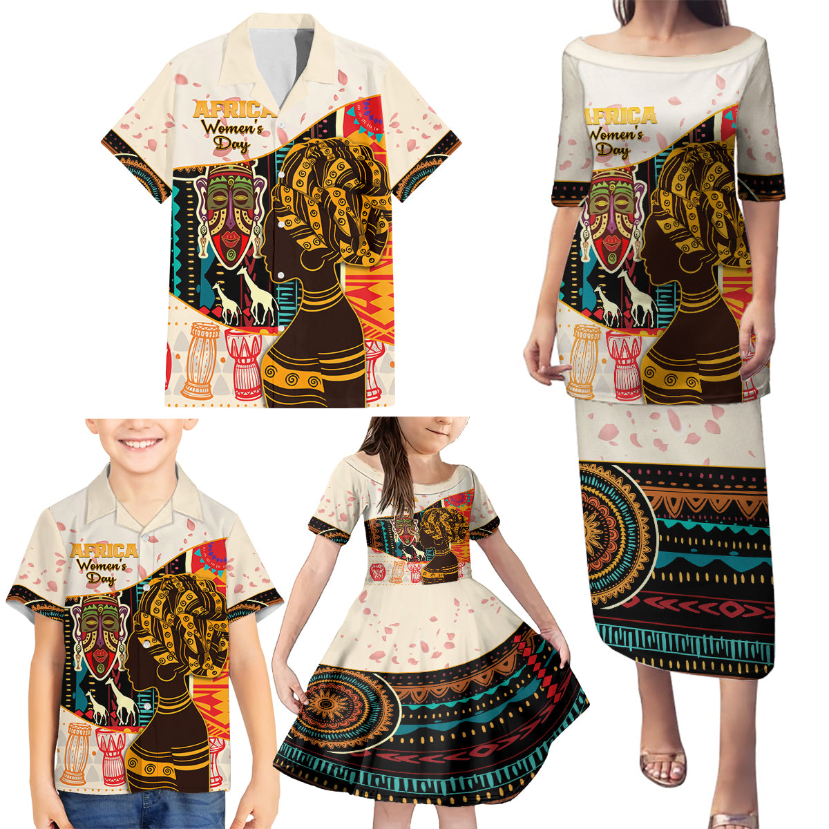 Africa International Women Day Family Matching Puletasi and Hawaiian Shirt African Pattern