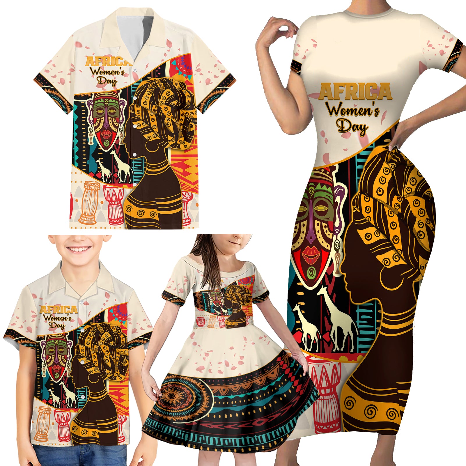 Africa International Women Day Family Matching Short Sleeve Bodycon Dress and Hawaiian Shirt African Pattern