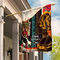 Happy Women's Day African pattern garden flag with woman portrait, black, gold, and red