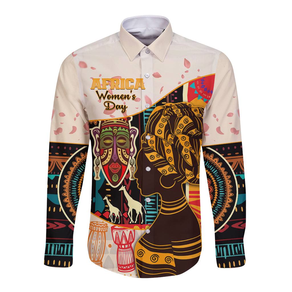 Women's long sleeve button shirt, white with colorful African graphic print and brand text