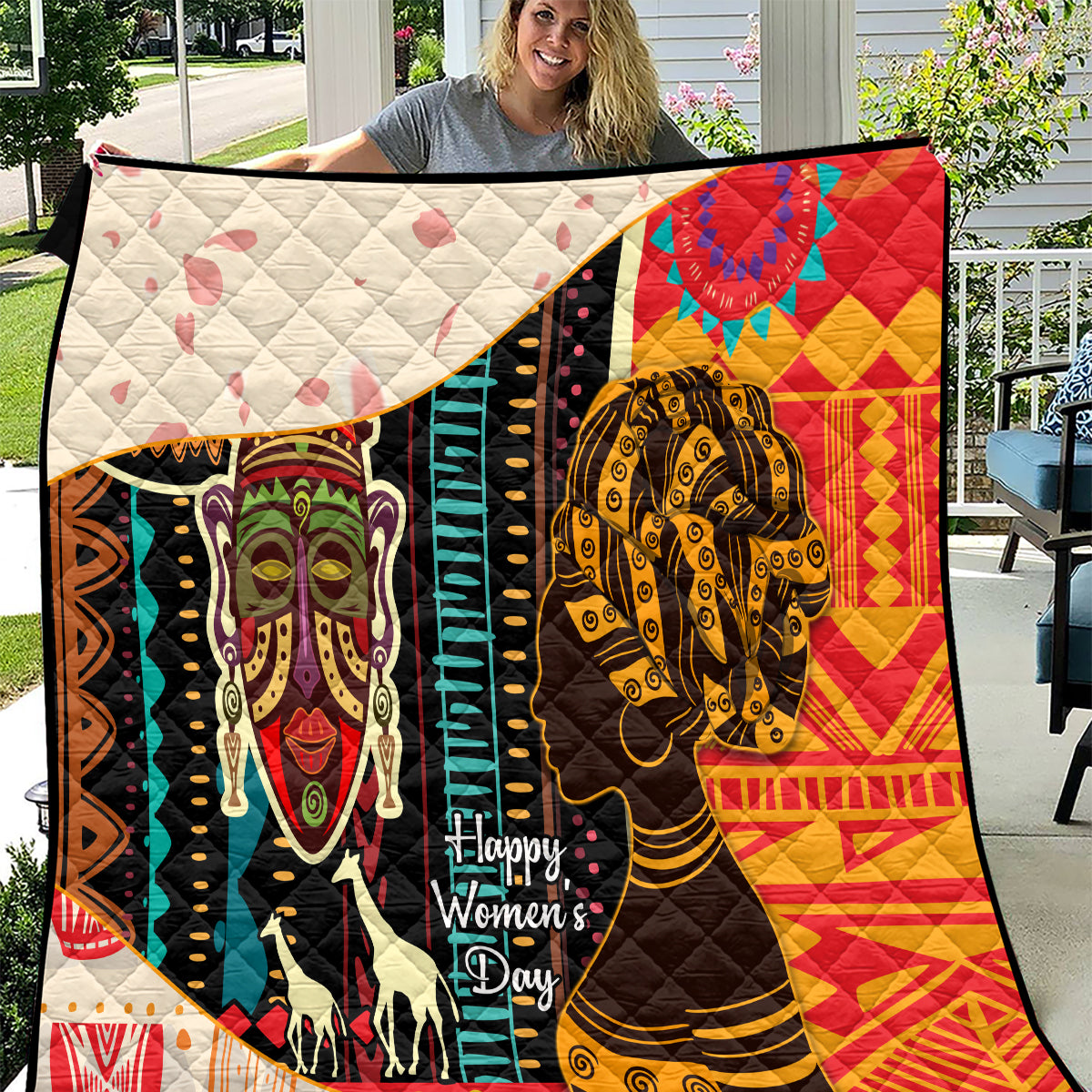 Women's African quilt blanket full view with bold portraits, multicolor, quilted backing, Happy Women's Day.