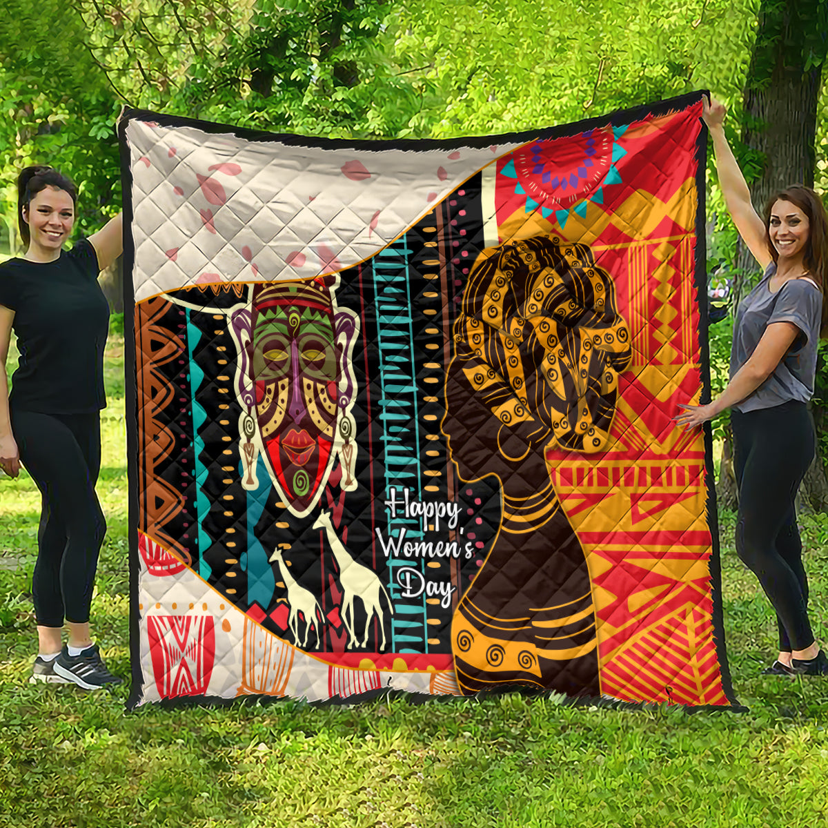 Women's African quilt blanket with bold portraits, multicolor, quilted backing, Happy Women's Day.