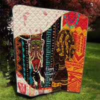Women's African quilt blanket corner view with bold portraits, multicolor, quilted backing, Happy Women's Day.
